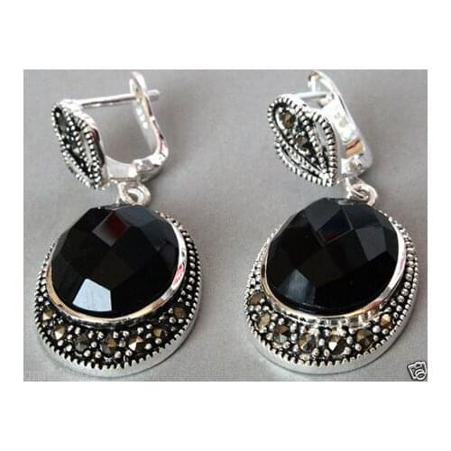 Vintage 925 Sterling Natural Faceted Black Agate Onyx Marcasite Earrings