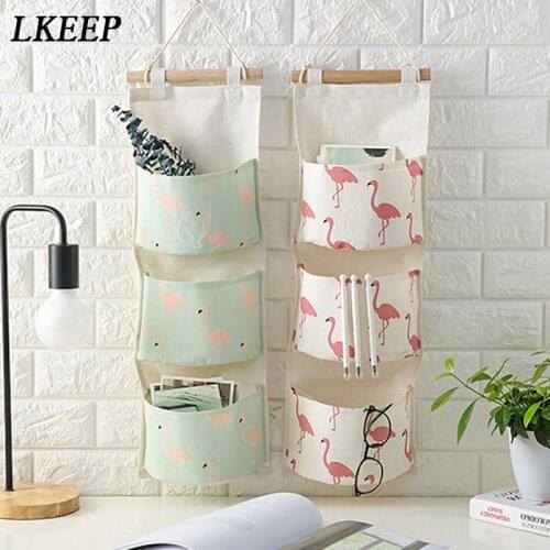 Flamingo Pattern Cotton Linen Hanging Cosmetic Bag 3 Pockets Wall Mounted Wardrobe Hang Bag Wall Pouch Cosmetic Bag
