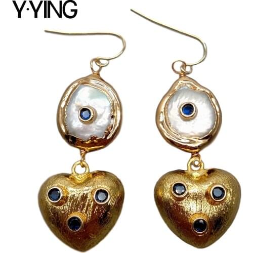 Y·YING natural Cultured White Coin Pearl Brushed Bead Gold color Plated Cz pave Hook Earrings office style for women