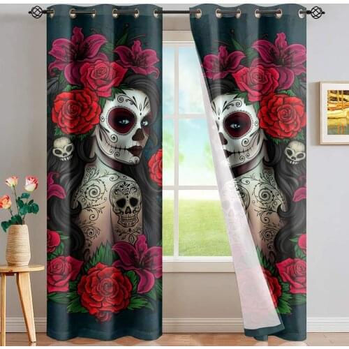 Sugar Skull Day Of The Dead Design Red Window Curtain Modern European Style Blackout Curtains for Bedroom Living Room