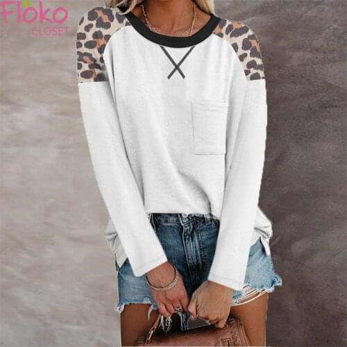 Flokocloset Autumn Leopard Print Pocket Stitching Long Sleeve T-shirt Casual Tee Shirts for Women 2021