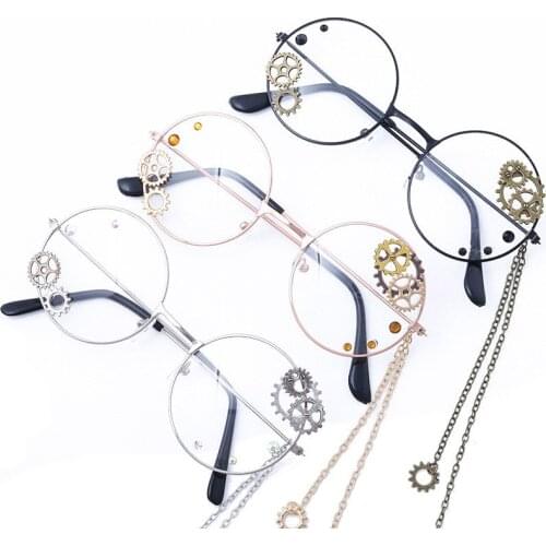 Retro Round Metal Glasses Frame For Women Lolita Harajuku Style Gearwheel Rhinestone Ladies Eyeglasses Frame With Glasses Chain