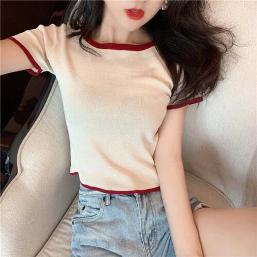 Woman TShirts Crop Top T-shirt Womens Spring and Summer Short Sleeve Knitted Top Mujer Camisetas