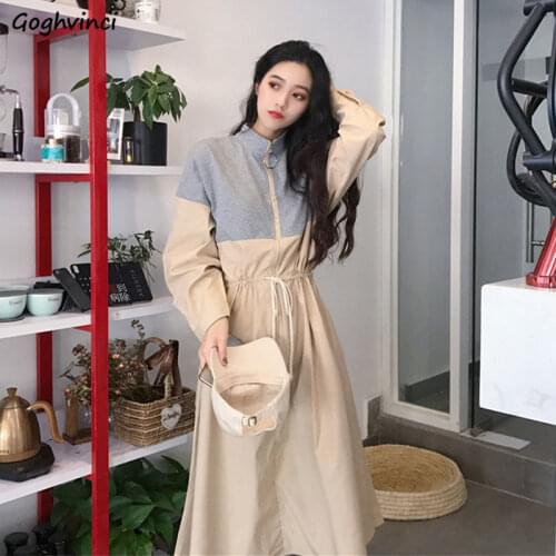 Long Sleeve Dress Women Stand-collar Patchwork Zipper Loose Korean Style Lace-up Streetwear Students Ins Chic Fashion Womens New