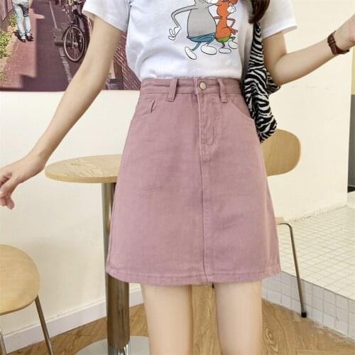 2021 Women Retro Denim Skirt Solid A-Line Preppy Style Sweet Jeans Short Skirts Buttons High Waist Female Faldas Saias Big Size