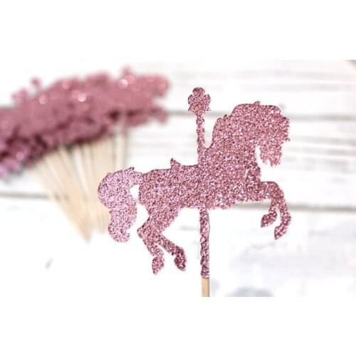 Glitter Carousel horse Gold Cupcake Toppers magic Party Decor toothpicks Birthday wedding bridal baby shower