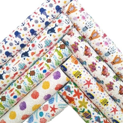 Sea Stars See Fishes Printed Chunky Glitter Faux Vinyl Fabric with Felt Backing Glitter Sheets for Accessories Bows DIY GM2144A