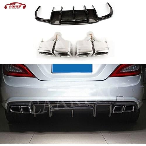 CLS Class Carbon Fiber Rear Diffuser Bumper Lip Spoiler For Benz W218 CLS350 CLS63 AMG 2011-2014 4 Outlet Exhaust Tips Guard