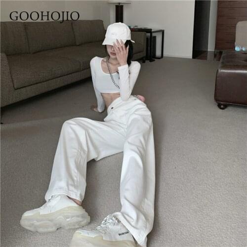 GOOHOJIO 2021 New Solid White High Waist Women Jeans White Fashion Wide Legs Denim Pants Ladies Oversized Trouser for Women