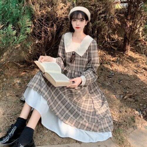 Elegant Dresses for Women Vintage Preppy Style Japan Sweet Long Dress Plaid Fashion Female Clothes 2021 Autumn Style New