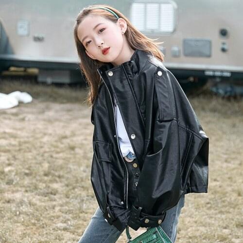 PU Black Fashion Jacket for Girl Fashion Leather Coat Faux Leather Tops Girl Overcoat Children Clothes for Girls 12 13 14 Years