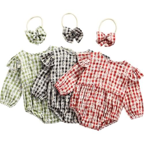Toddler Baby Girls Long Sleeve Romper + Bow Headband, Daisy Plaid Print Ruffle Decoration Spring Clothing
