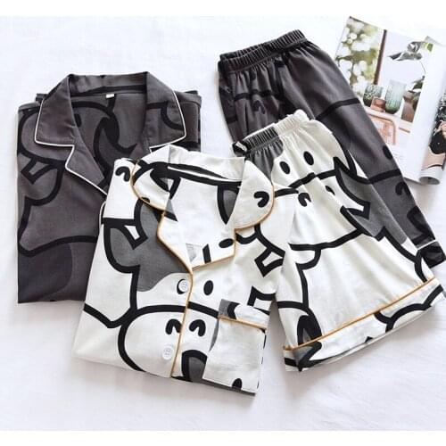 Summer New Couple Cotton Pajamas Set Short-Sleeved Shorts Pajamas Two-Piece Cute Calf Female Loose Simple Home Service Set Male