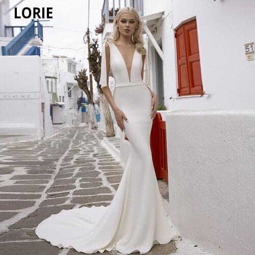 LORIE Simple Soft Satin Wedding Dresses Mermaid Sleeveless Deep V-neck Open Back ivory Bride Gowns Plus Size Custom Made 2020