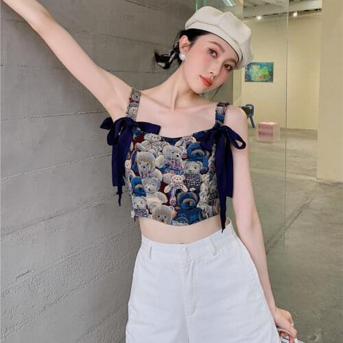 Cute Fitness Bear Printed Camisole Women Fashion Sweet Bow All-match Vest Corset Female Vintage Y2k Crop Tops Dropshipping