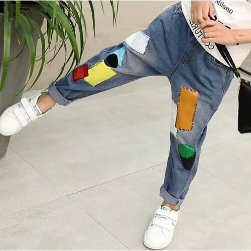 Cute Patchwork Pattern Kids Jeans Spring Autumn High Quality Children Pants Casual Patch Trousers Baby Girls Jeans