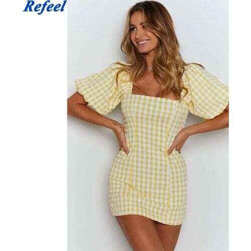 Cute Yellow Tartan Print Sheath Vestidos Retro Plaid Mini Dresses Slim Puff Sleeve Summer Dress