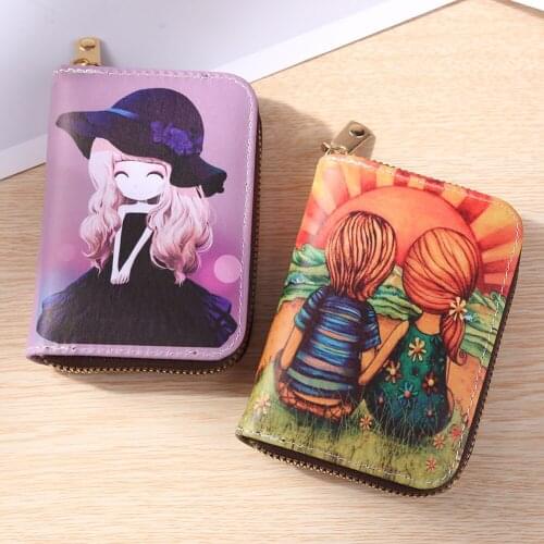 Fashion Female Wallet Short 11 Layers Purse Card Organizer Vintage Ladies Clutch Handbags with Cartoon Patterns Designed