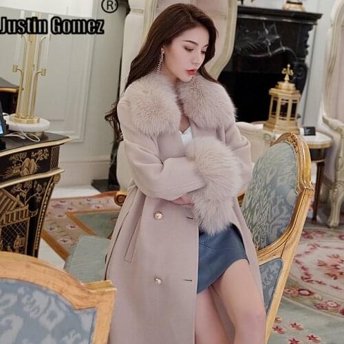 New Coming Fashion Long Waist Fox Collar Slim Overcoat With Belt Elegant Female Wear To Work Outwear Solid Color Wool Coat Women