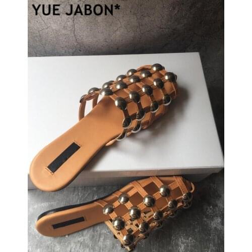 Real Leather Beach Sandals Mules Slip On Pearl Crystal Studded Slippers Women Flat Slides Caged Shoes 100% real photos