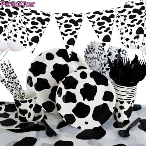Cow Print Farm Animal Party Supplies Cow Disposable Tableware Paper Plates Cups Napkin Banner Cowboy Farm Birthday Decortions