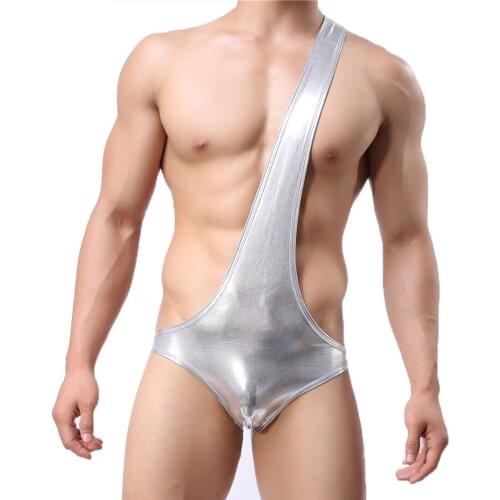 Sexy Mens Bodysuits Shiny PU Leather Clubwear Party Sexi Costume One Shoulder Penis Pouch Jumpsuits Singlet Gay Underwear