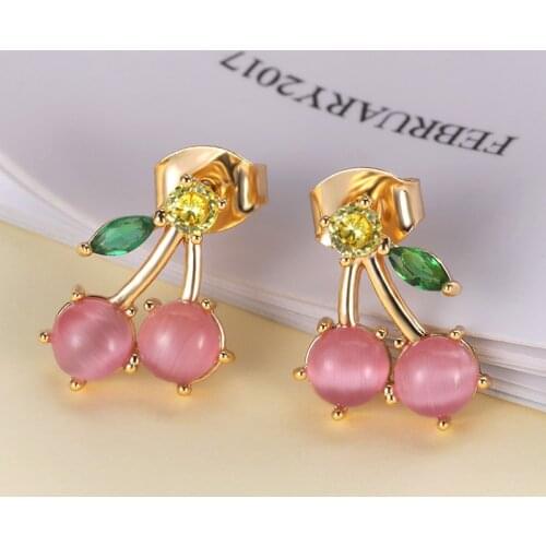 Pink Crystal Cherry Earrings Fashion Jewelry Cute Fruit Stud Earring Best Friend Gifts Bff 2021 boucle d'oreille femme