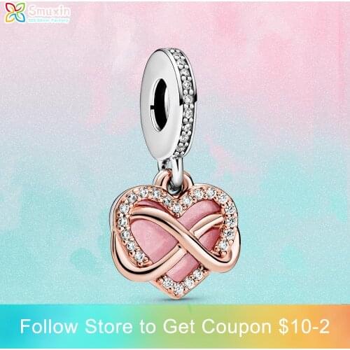 Smuxin 925 Sterling Silver Beads Sparkling Infinity Heart Dangle Charms fit Original Pandora Bracelets for Women Jewelry Making