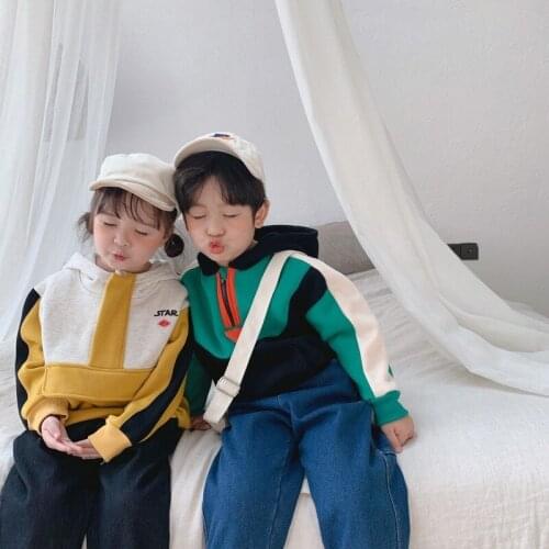 Boys sweater autumn and winter new Korean version plus velvet thickening girls color matching childrens hoodie girls' clothing