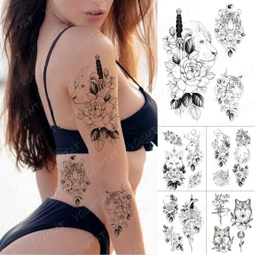 Waterproof Temporary Tattoo Sticker Lion Cat Tiger Snake Wolf Flowers Flash Tattoos Line Fox Deer Body Art Arm Fake Tatoo Women