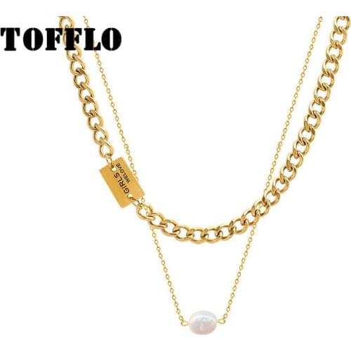 TOFFLO Stainless Steel Jewelry Danshui Pearl Necklace Square Brand Double Fold Link Chain Hip Hop Female Clavicle Chain BSP860