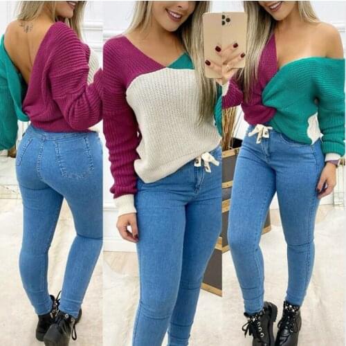 Sexy Women Sweaters Kink Design Design Color Matching V-Neck Long Sleeve Backless Slim Pullovers Knitted Top For Streetwear