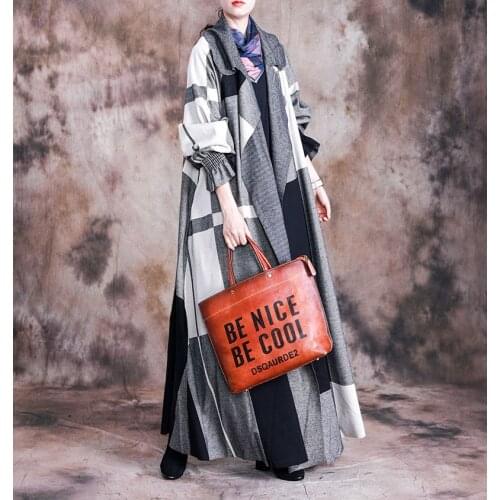 Women Autumn Winter Plus Size Long Coat Outerwear Ladies Plaid Patchwork Trench Coat Female Loose Vintage Coat Oversize Overcoat