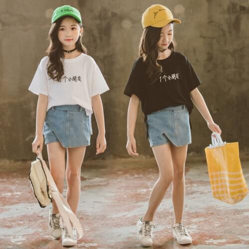 2021 summer Girls Clothing Toddler Clothes Short Sleeve T-shirts + Denim Shorts 2pcs teenager Tracksuit 5 6 7 8 9 10 11 12 Year