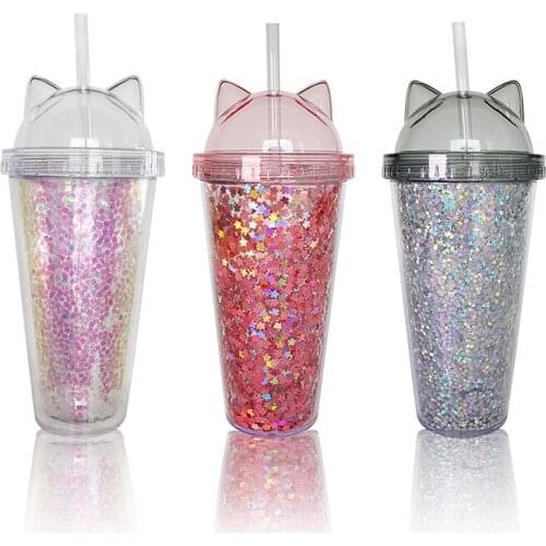 420ML Mugs with Straws Catmug Ear Bling Stars Double-layer Water Cup Plastic Water Bottle Kitty Head Cute Cup with Lid and Straw