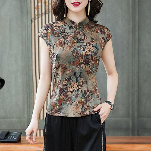 Satin Floral Blouse Womens 2021 New Middle-aged Mother Print T-shirts Tops Summer Raglan Sleeve Pullover Shirt Plus Size 4XL