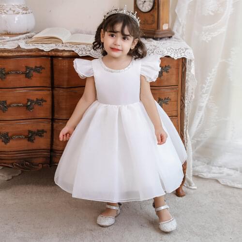 2021 Ceremony White Baby Dresses Beading First 1 Birthday Dress For Baby Girl Ball Gown Bow Princess Dress Wedding Party Clothes
