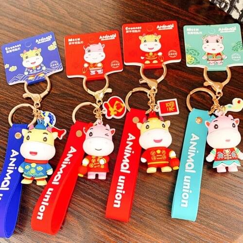 Cute Animal Cow Calf Keychain Keyring Rubber wristband For Girls Boys Kids Gifts Key Chains Pendant Trinkets D779