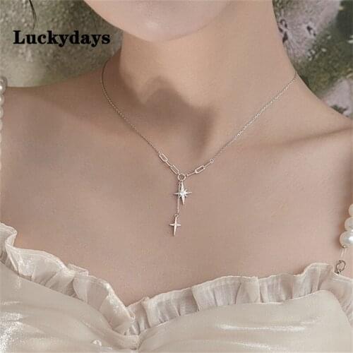 Luckydays New Tassel Zircon Cross Star Charm Necklace For Women Girls Party Wedding Jewelry Choker
