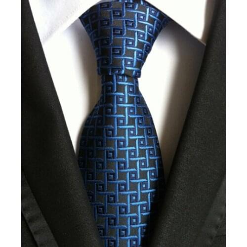 8cm Designer Classic Tie Mens Woven Necktie Black with Blue Geometric Plaids