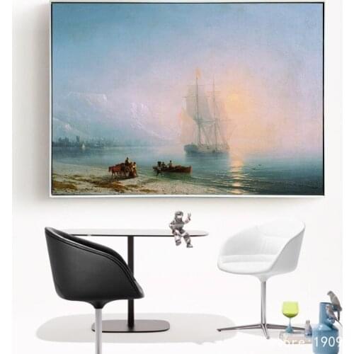 Cotton no frame classcial boat seaside landscape canvas printings oil painting printed on cotton wall art decoration picture