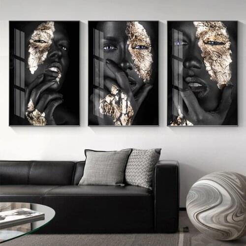 African Art Black Gold Woman Oil Painting on Canvas Cuadros Posters and Prints Scandinavian Wall Picture for Living Room Decor