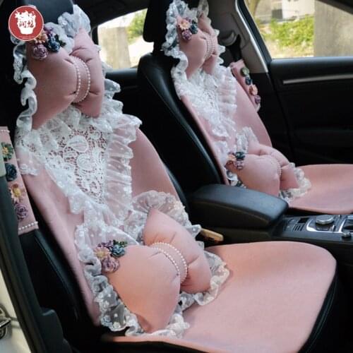 Pink Lady Car Interior Decoration Accessories Set Lace Seatbelt Shifter Hand Brake Covers Pearl Auto Steering Wheel Cover Girls
