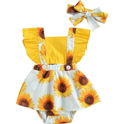 2Pcs Toddlers Girl Summer Outfits Sunflower Print Square Collar Sleeveless Romper + Bowknot Headband for Baby Girls