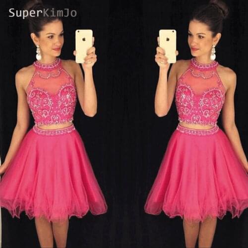 SuperKimJo Two Piece Prom Dresses Short 2020 Homecoming Dresses Beaded Cheap Hot Pink Graduation Dresses Vestido Formatura Festa