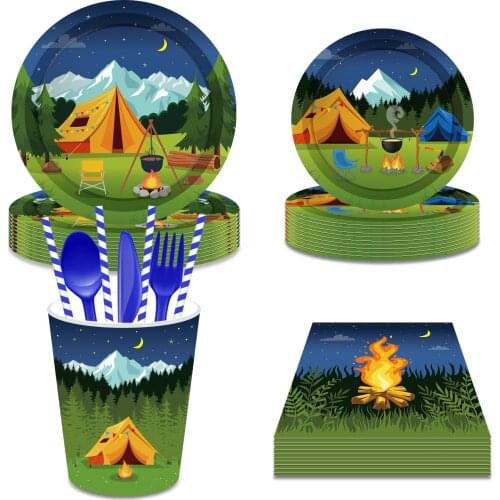Cool Outdoor Camping Barbecue Picnic Party Disposable Tableware Sets Paper Plates Cups Happy Campers Birthday Party Favors