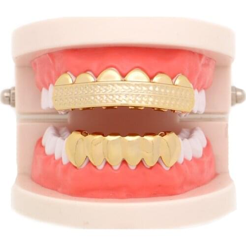 LuReen Women Braid Pattern Gold Teeth Grillz Top Bottom Silver Color Grills Dental Tooth Caps Halloween Jewelry Gift