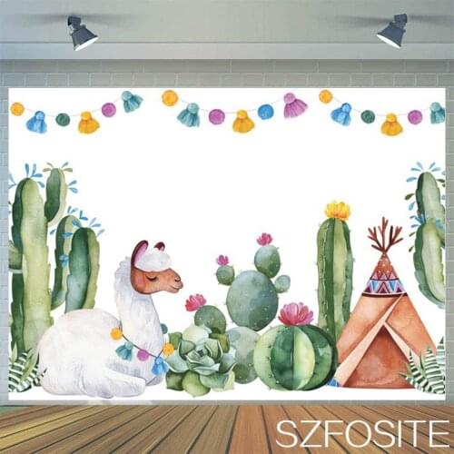 Cute Alpaca Cactus White Backdrop Childs Birthday Party Room Decoration Photography Studio Photo Kids Baby Custom Background