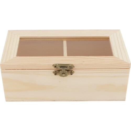 Unfinished Plain Wooden Jewelry Box Tea Box Necklace Storage Box w/ 2 Grids