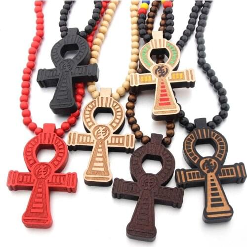 New Wooden Egypt Anka Cross Necklace Pendant For Men Woman Long Beaded Sweater Chain Necklaces Red Black Brown Color